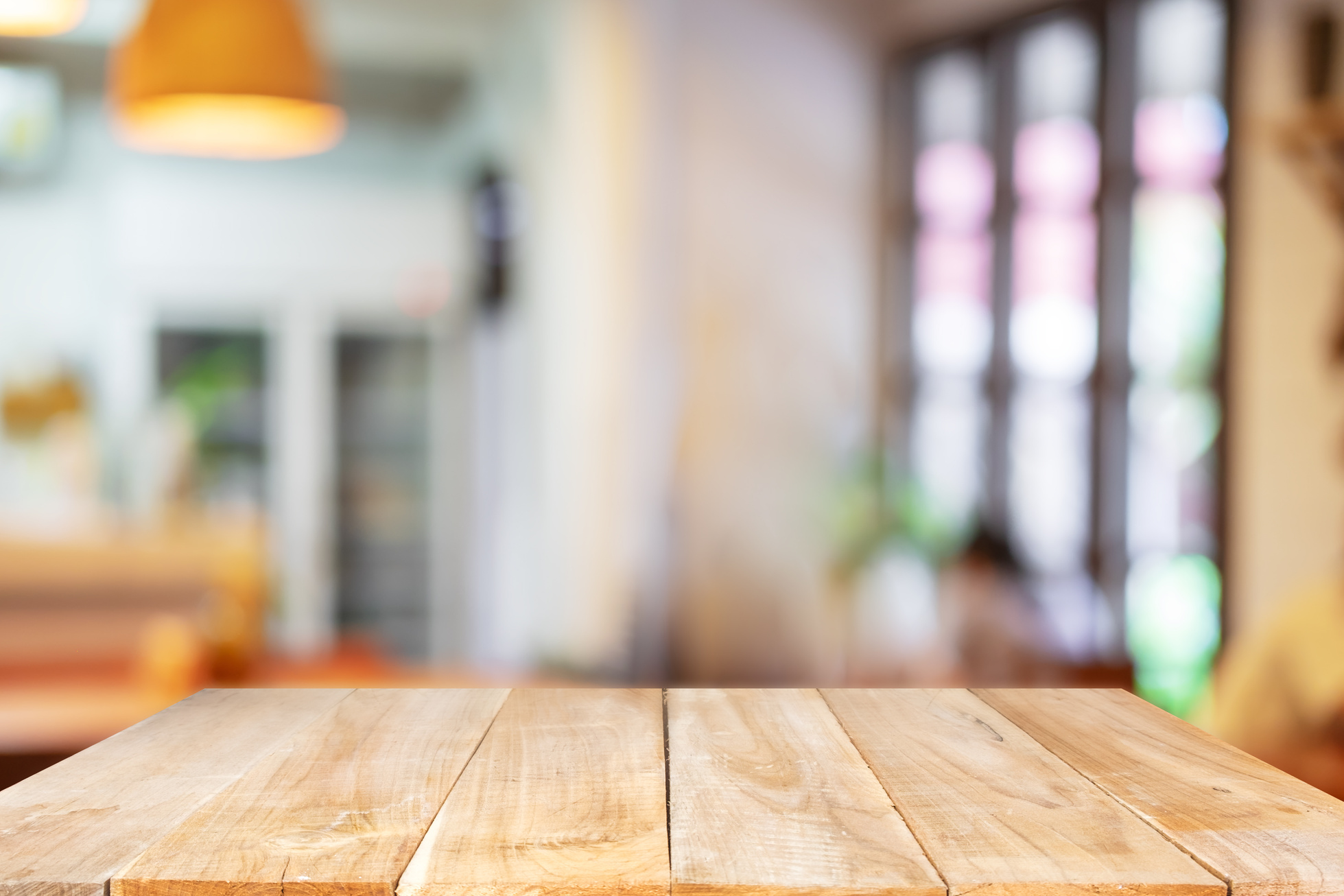Wooden Table Blurred of Restaurant Cafe Background 